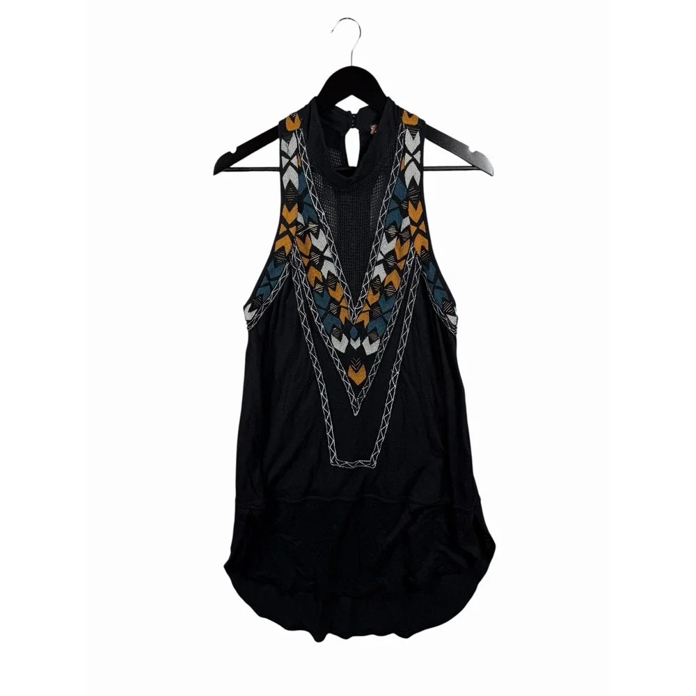 NWT Free People Adella Size S Black Mock Neck Embellished Top‎ Tunic Boho